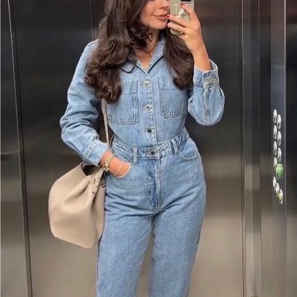 ZARA BLOGGER FAVORITE TRF LONG DENIM JUMPSUIT - Picture 1 of 13